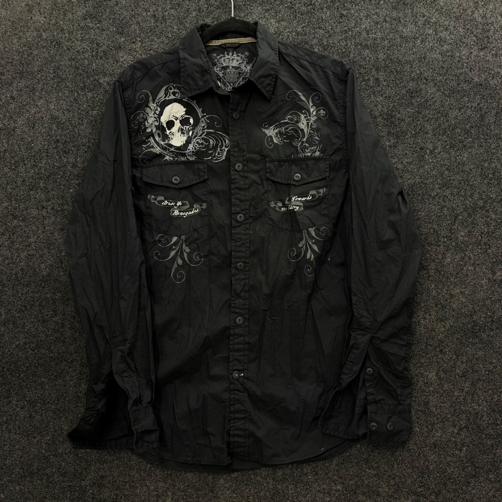 Express Mens Black Skull Graphic Button Down Shirt Y2K Renegades Size M